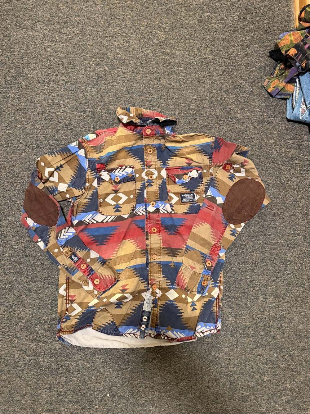 Parish Nation Aztec Southwestern Print Flannel Shirt Jacket with Elbow Patches